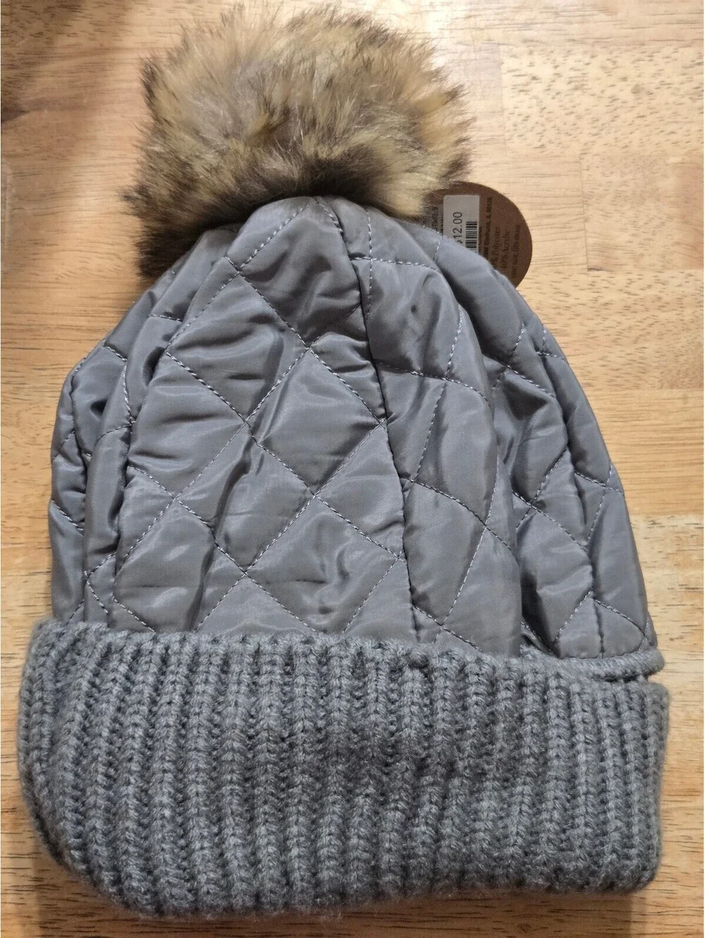 Britt's Knits Quilted Grey Beanie Hat with Faux Fur Pom Pom